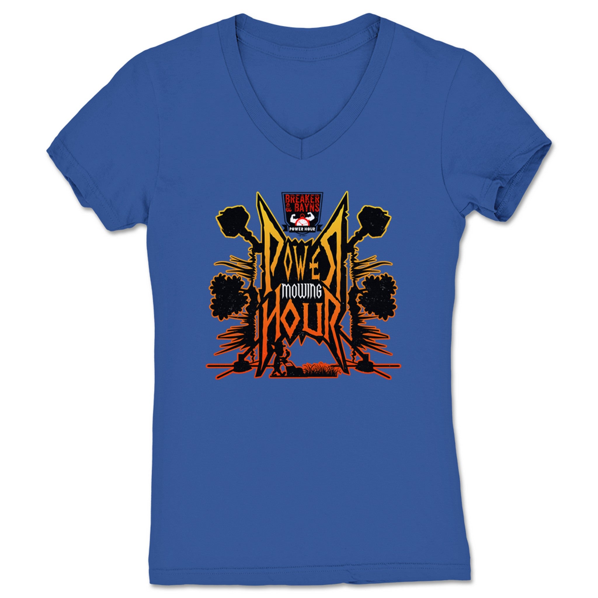 Breaker and Bayn's Power Hour Power Mowing Hour Women's V-Neck Royal Blue