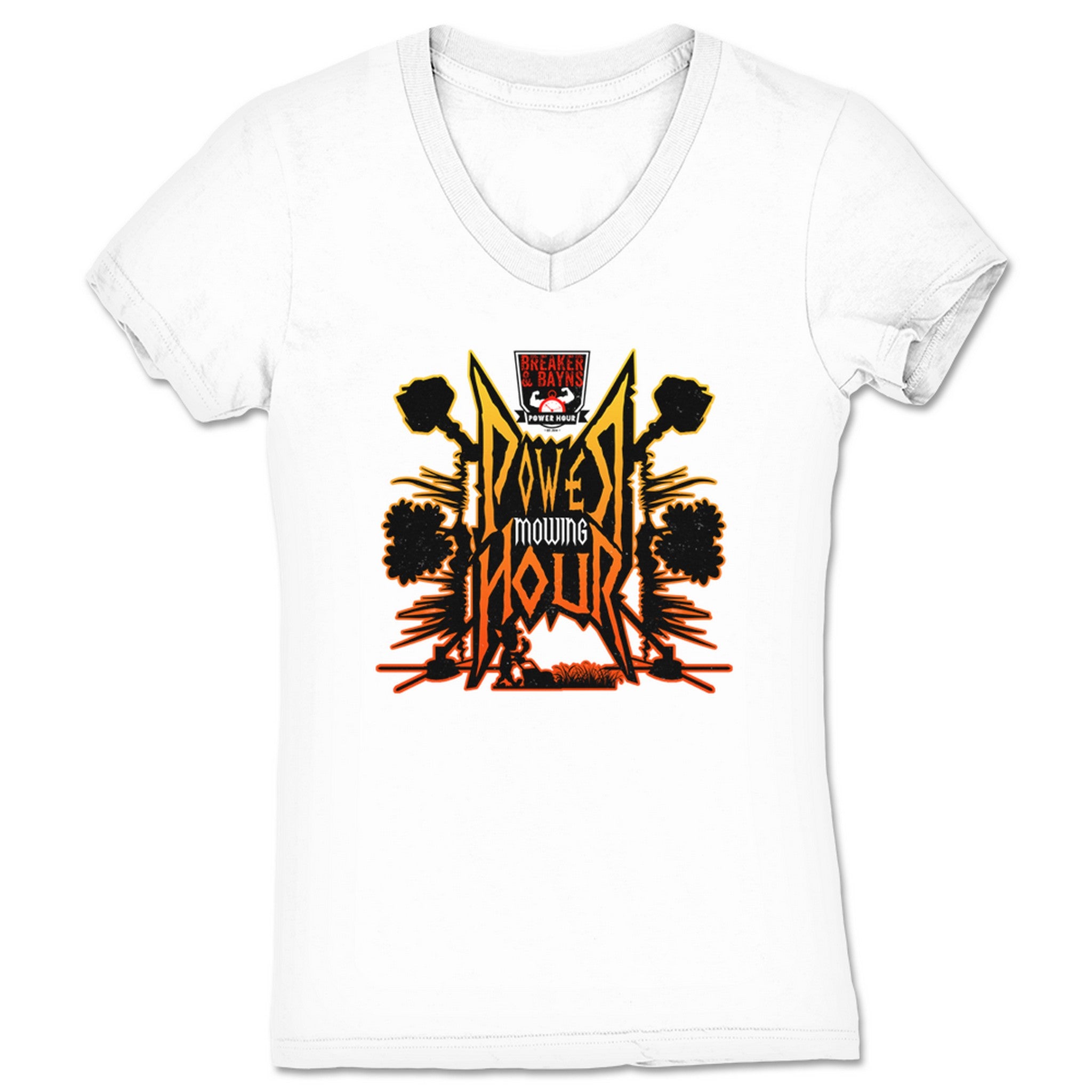Breaker and Bayn's Power Hour Power Mowing Hour Women's V-Neck White