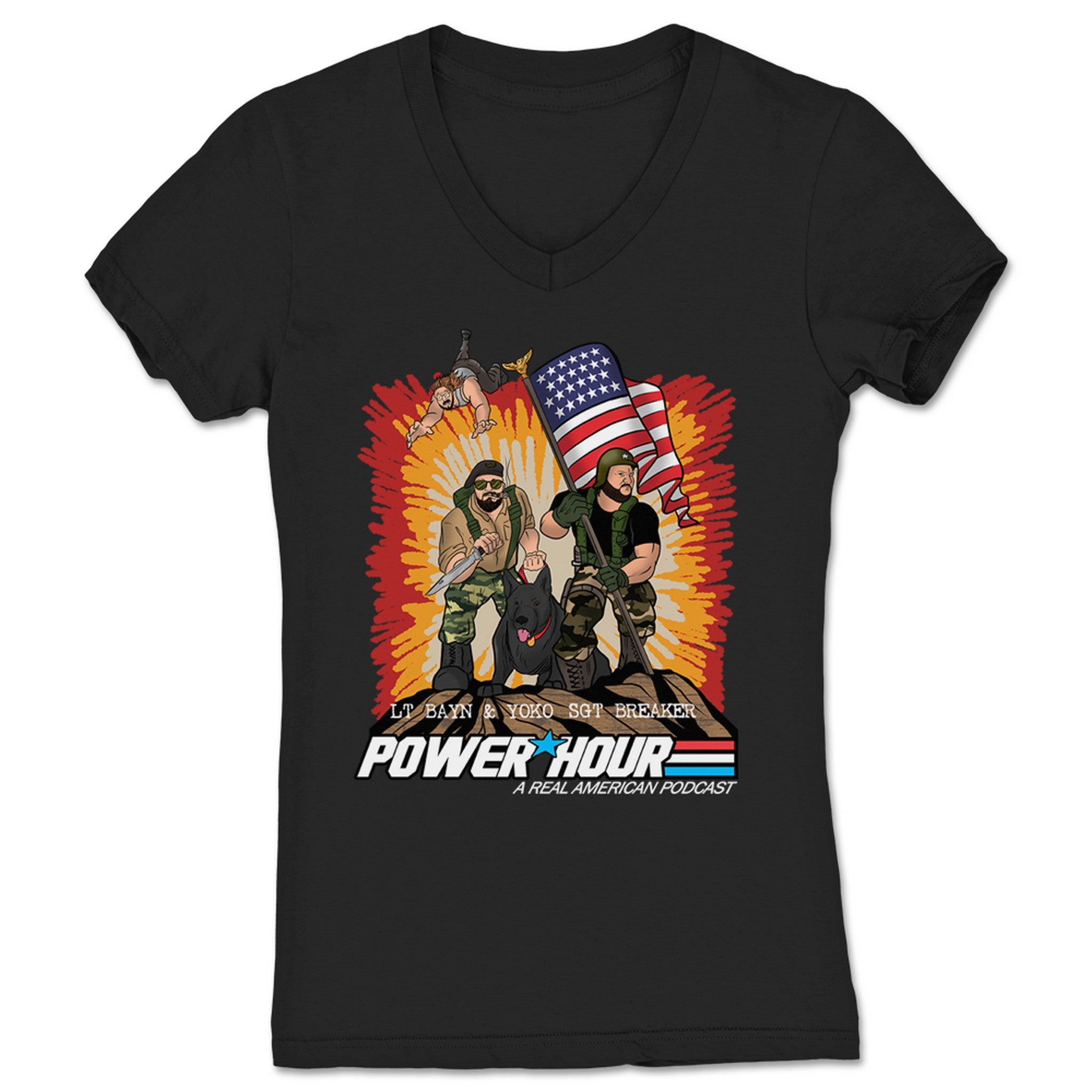 Breaker and Bayn's Power Hour Real American Podcast Women's V-Neck Black