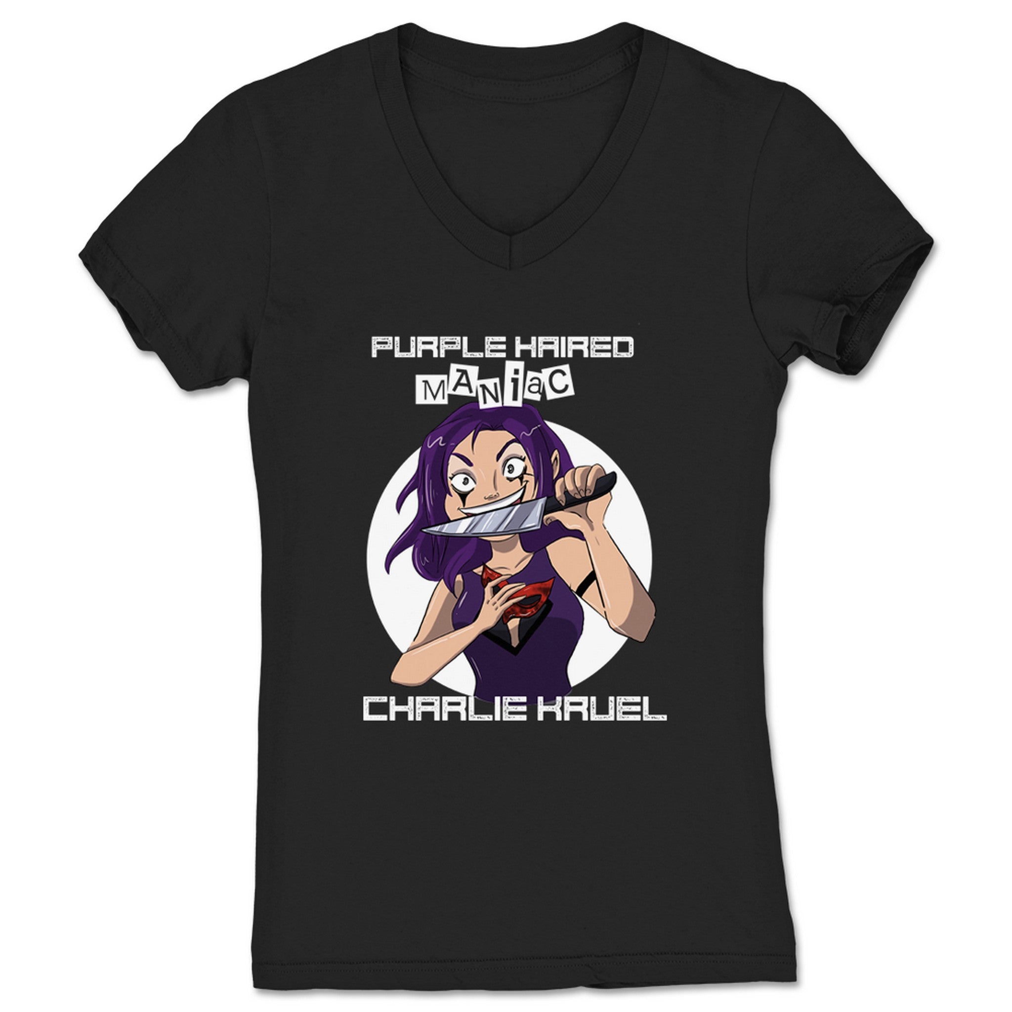 Charlie Kruel Purple Haired MANIAC Women's V-Neck Black