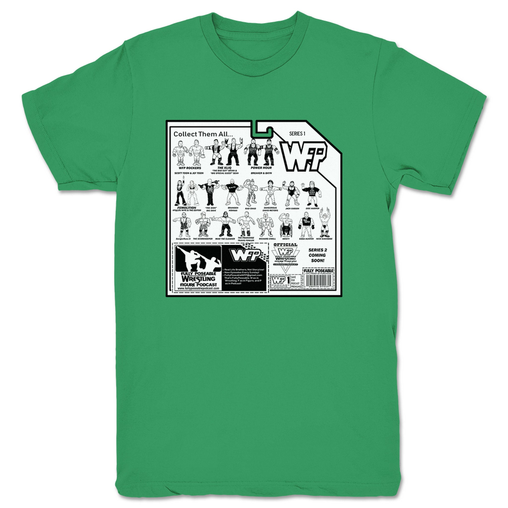 FullyPoseable Wrestling Figure Podcast Listener Card Back Series 1 Unisex Tee Kelly Green