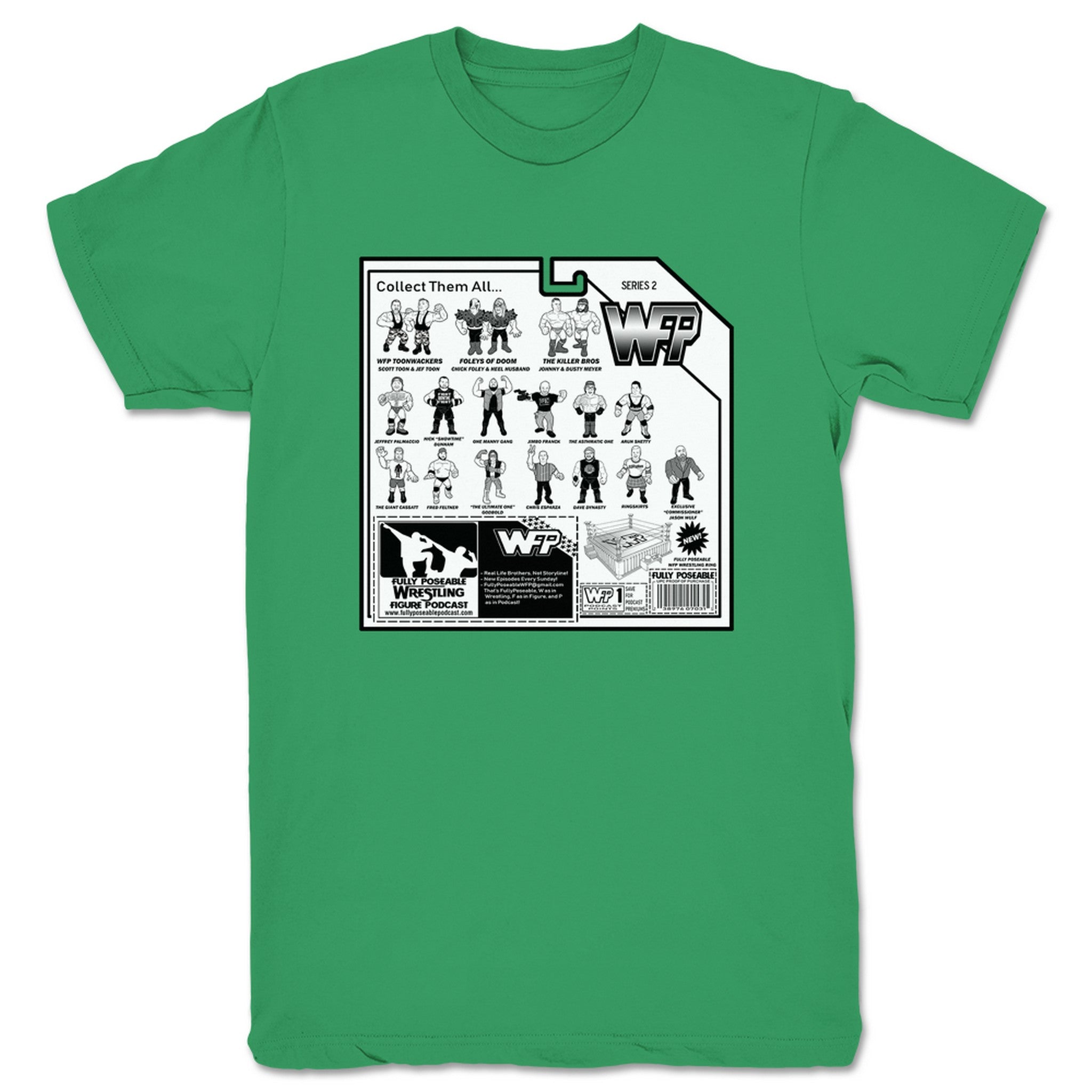 FullyPoseable Wrestling Figure Podcast Listener Card Back Series 2 Unisex Tee Kelly Green