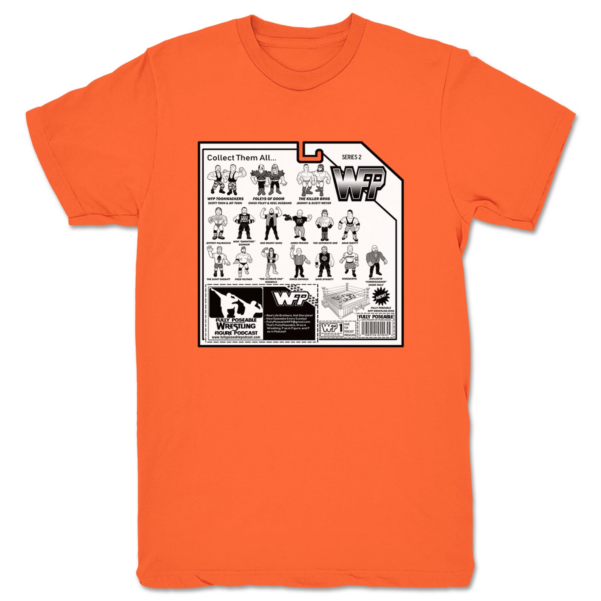 FullyPoseable Wrestling Figure Podcast Listener Card Back Series 2 Unisex Tee Orange