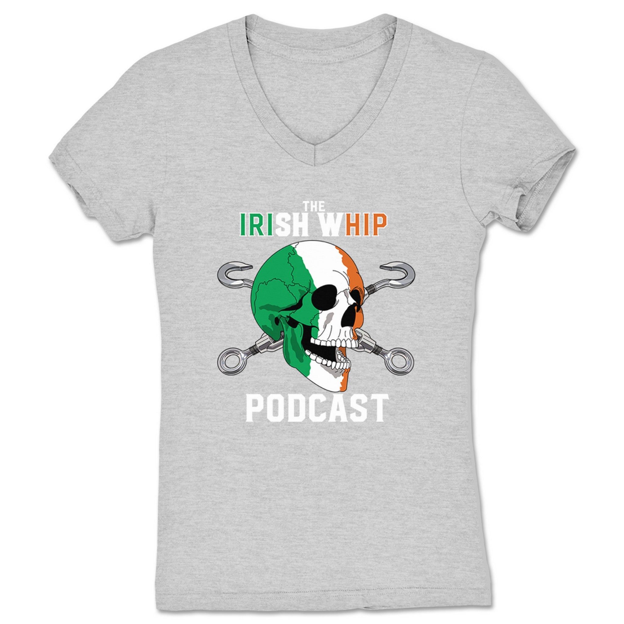 Irish Whip Podcast Skull and Crossbuckles Women's V-Neck Heather Grey