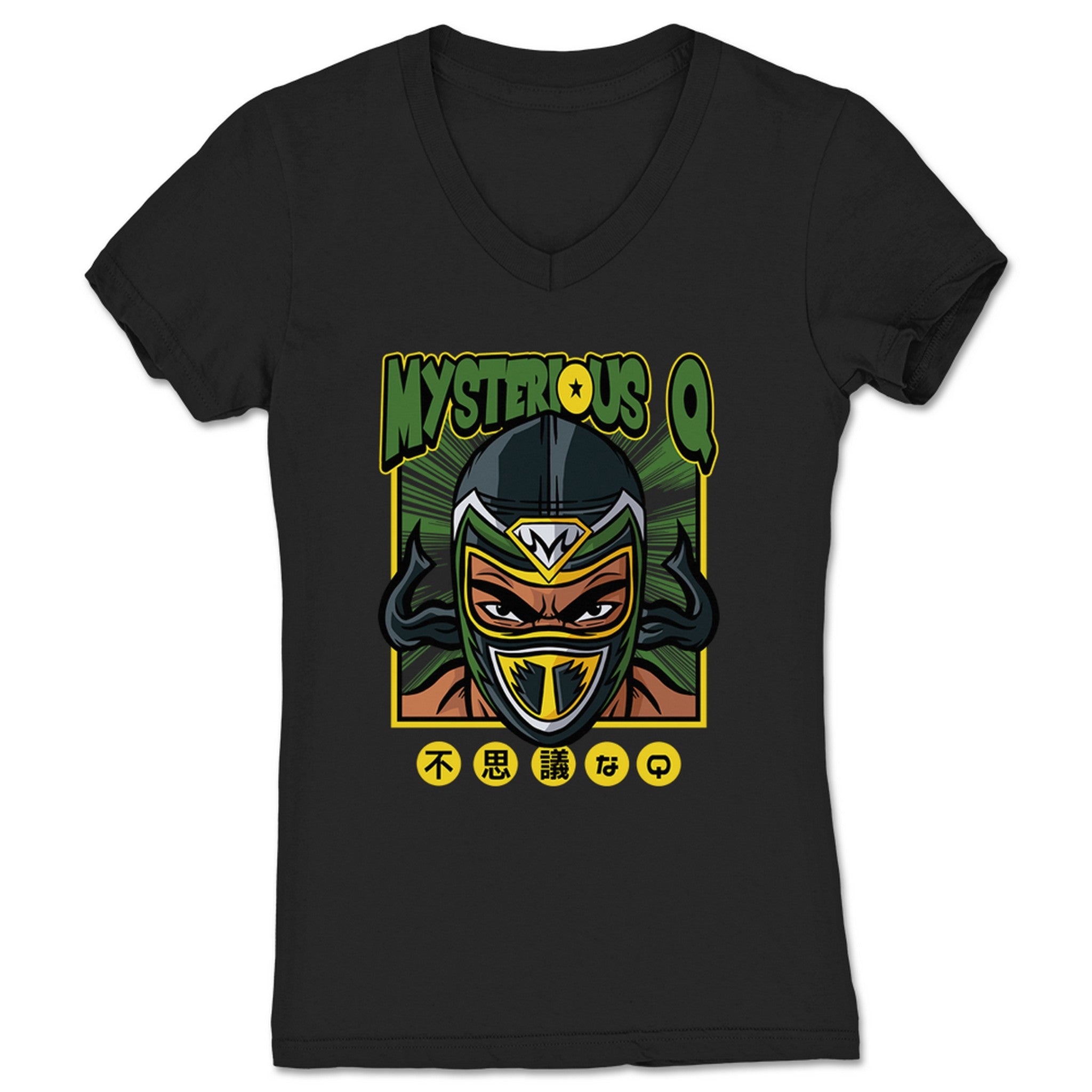 Mysterious Q Q Animated Women's V-Neck Black