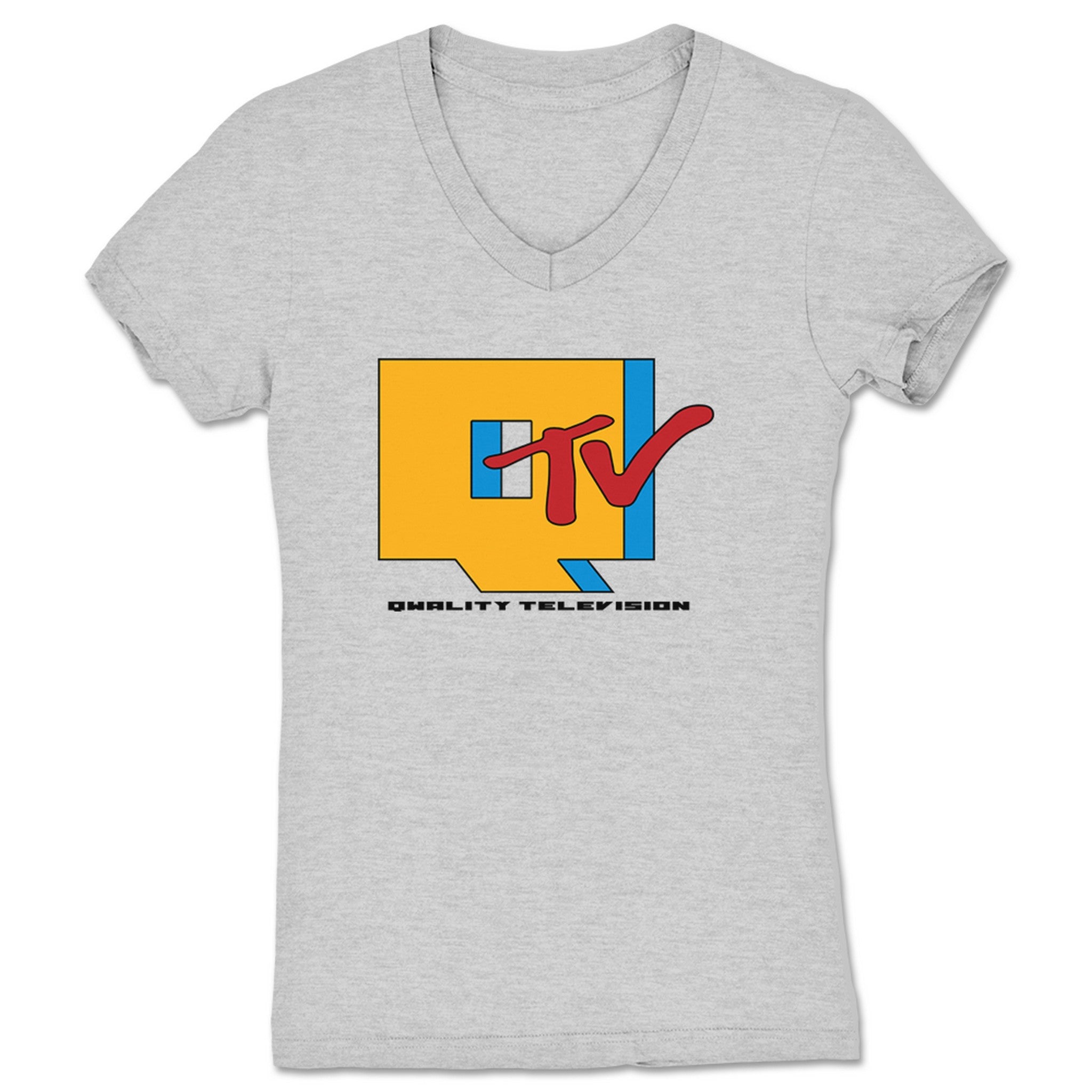 Qwantity Entertainment & Media Qwality Television Women's V-Neck Heather Grey