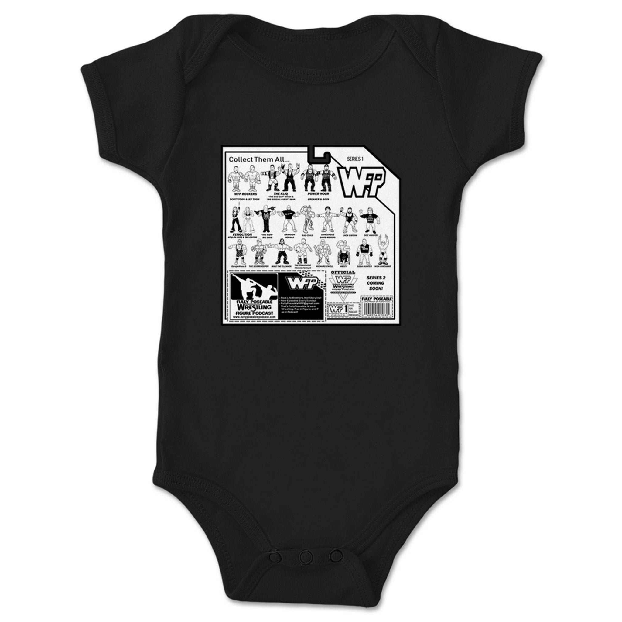FullyPoseable Wrestling Figure Podcast Listener Card Back Series 1 Infant Onesie Black