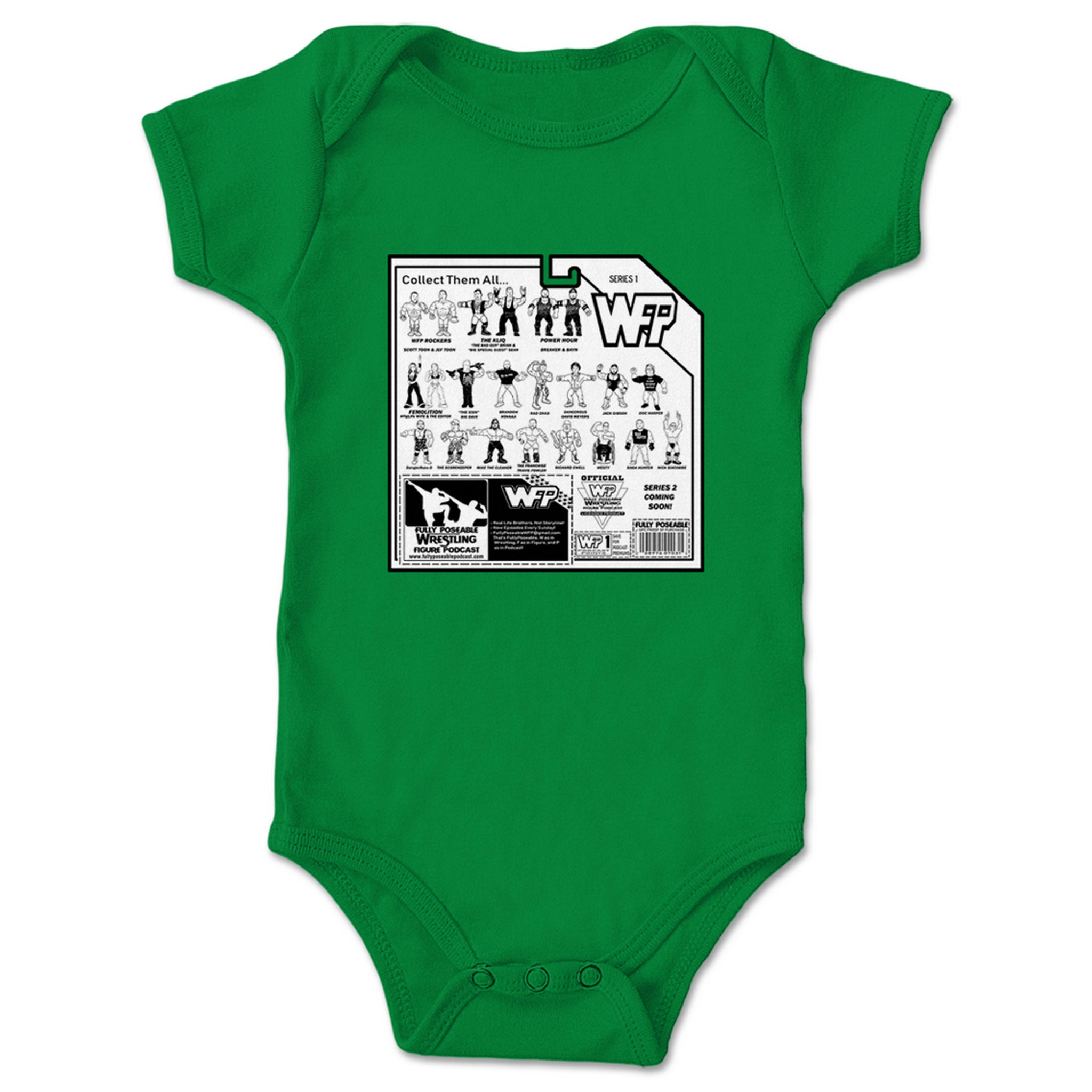 FullyPoseable Wrestling Figure Podcast Listener Card Back Series 1 Infant Onesie Kelly Green