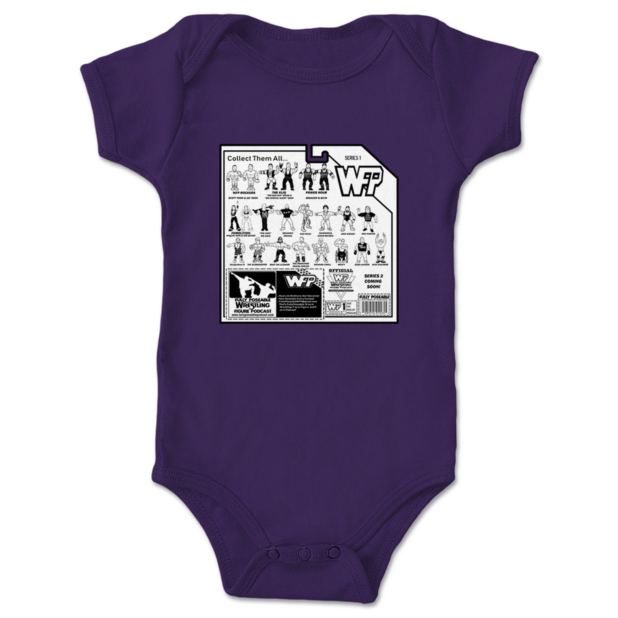 FullyPoseable Wrestling Figure Podcast Listener Card Back Series 1 Infant Onesie Purple