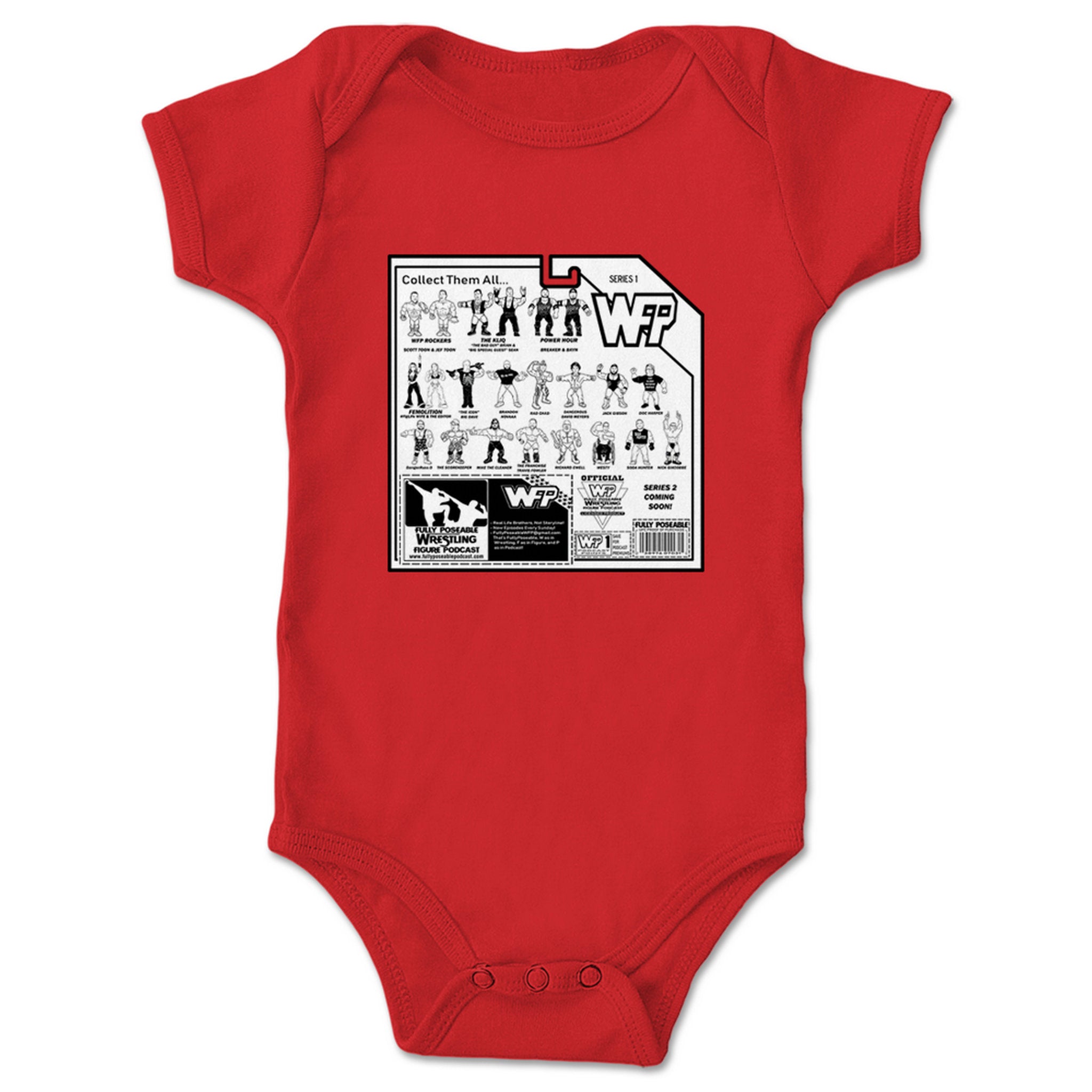 FullyPoseable Wrestling Figure Podcast Listener Card Back Series 1 Infant Onesie Red