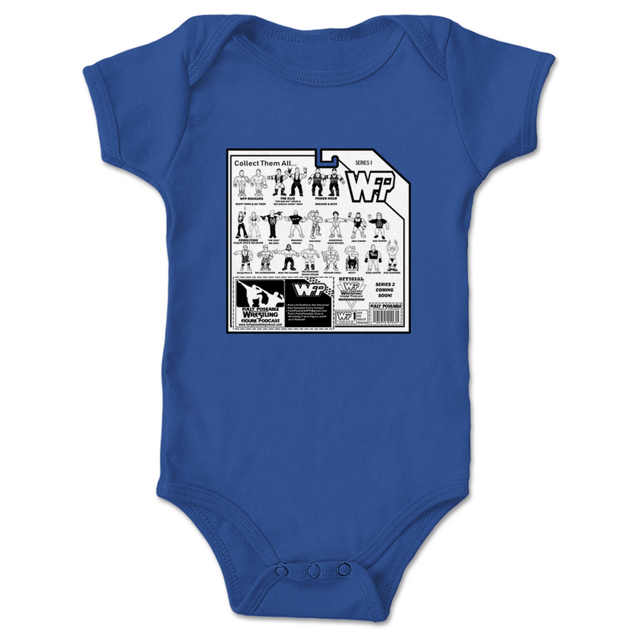 FullyPoseable Wrestling Figure Podcast Listener Card Back Series 1 Infant Onesie Royal Blue