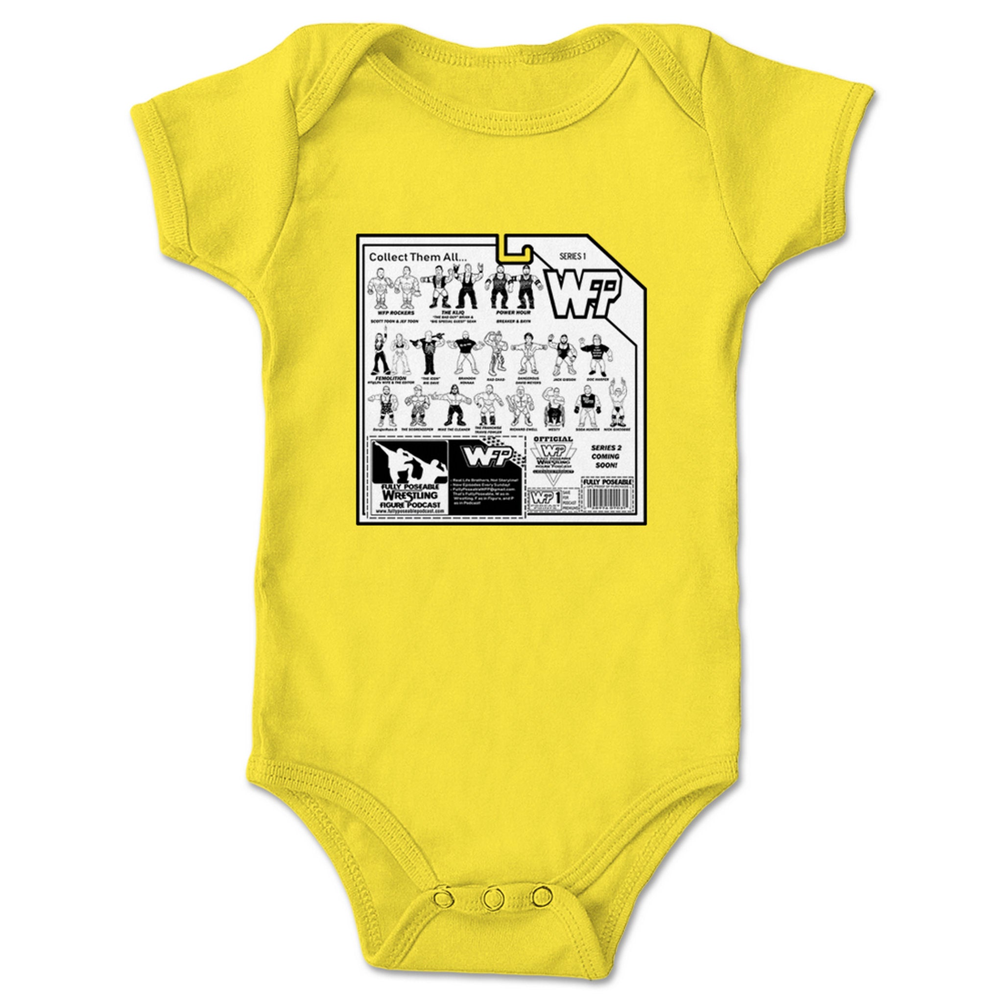 FullyPoseable Wrestling Figure Podcast Listener Card Back Series 1 Infant Onesie Yellow