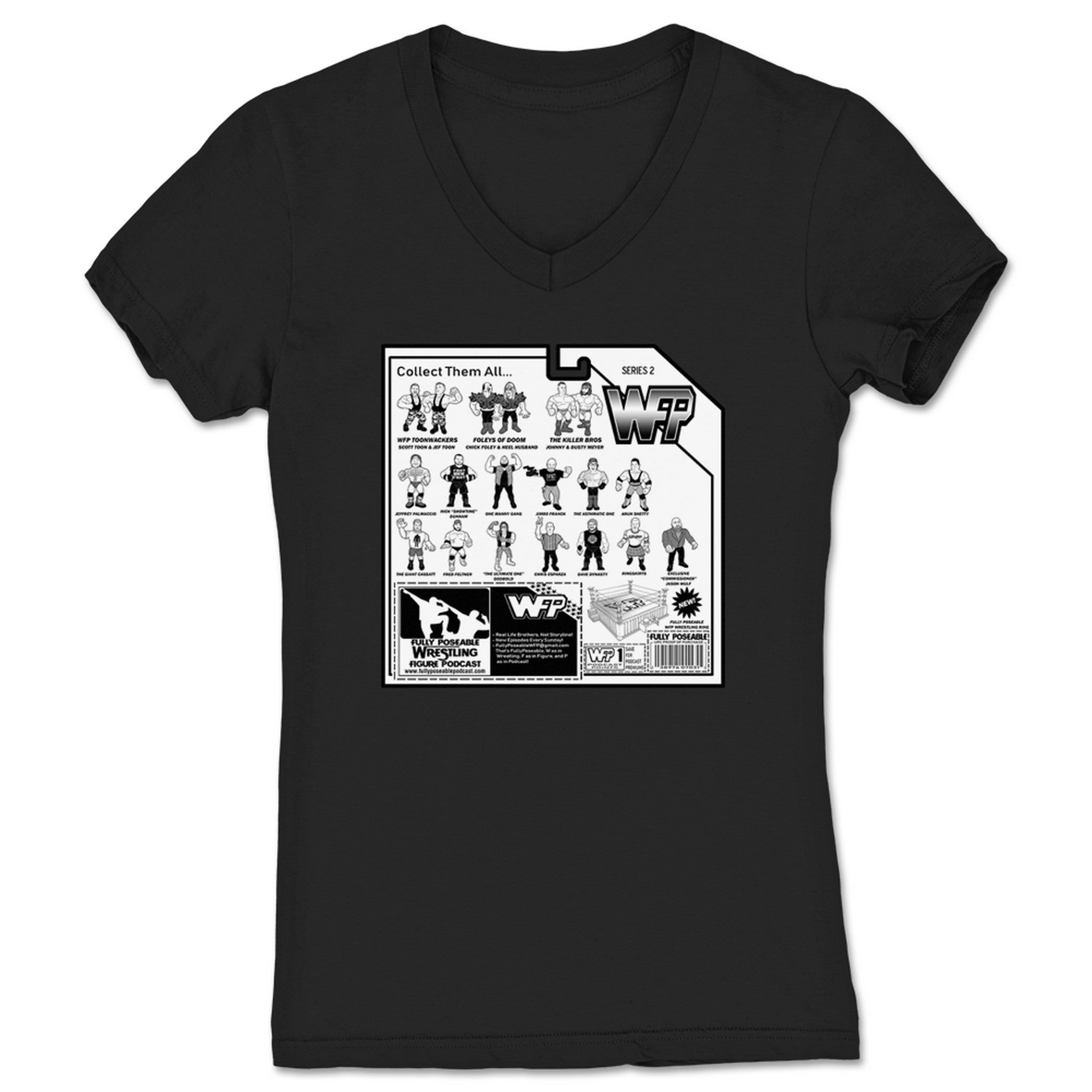FullyPoseable Wrestling Figure Podcast Listener Card Back Series 2 Women's V-Neck Black