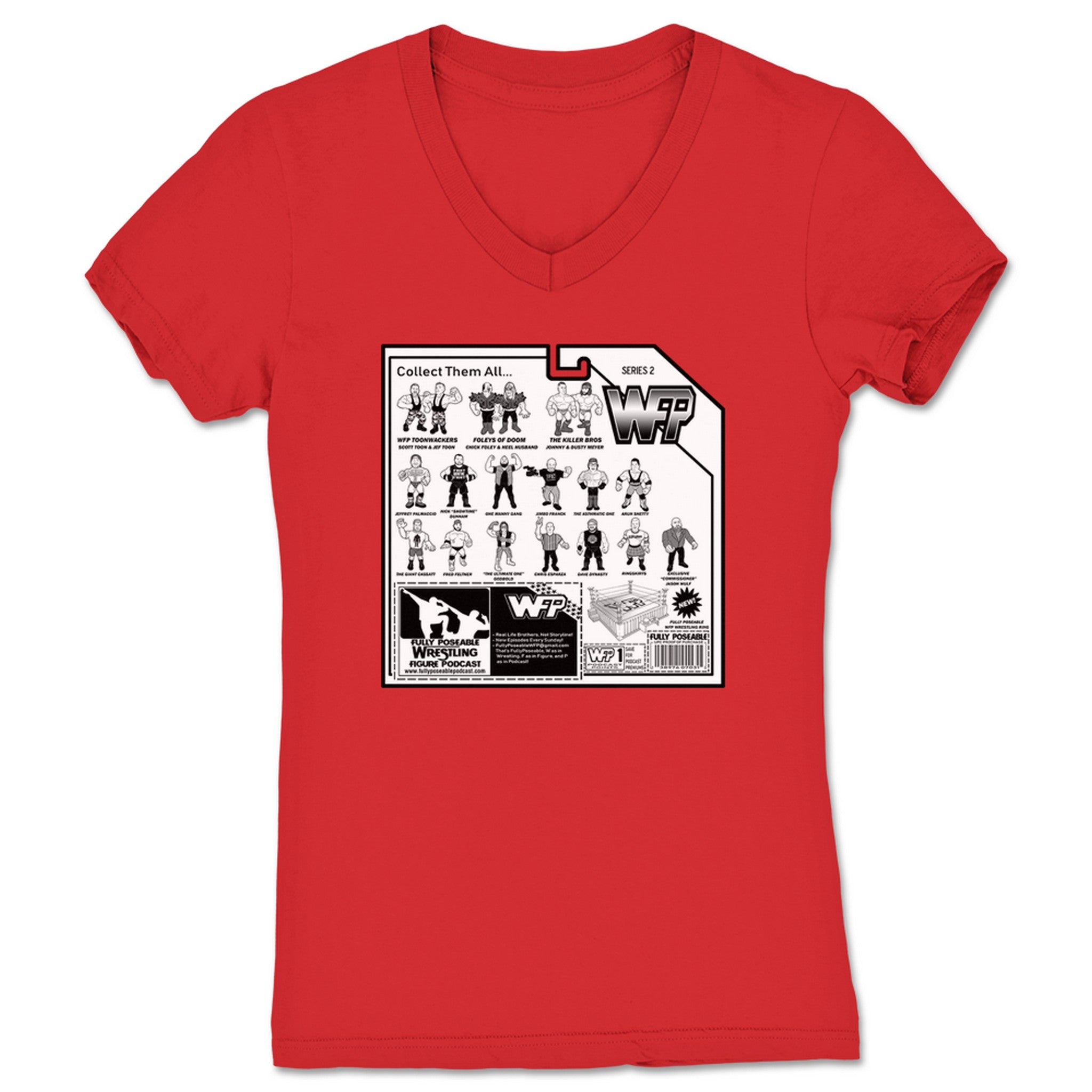 FullyPoseable Wrestling Figure Podcast Listener Card Back Series 2 Women's V-Neck Red