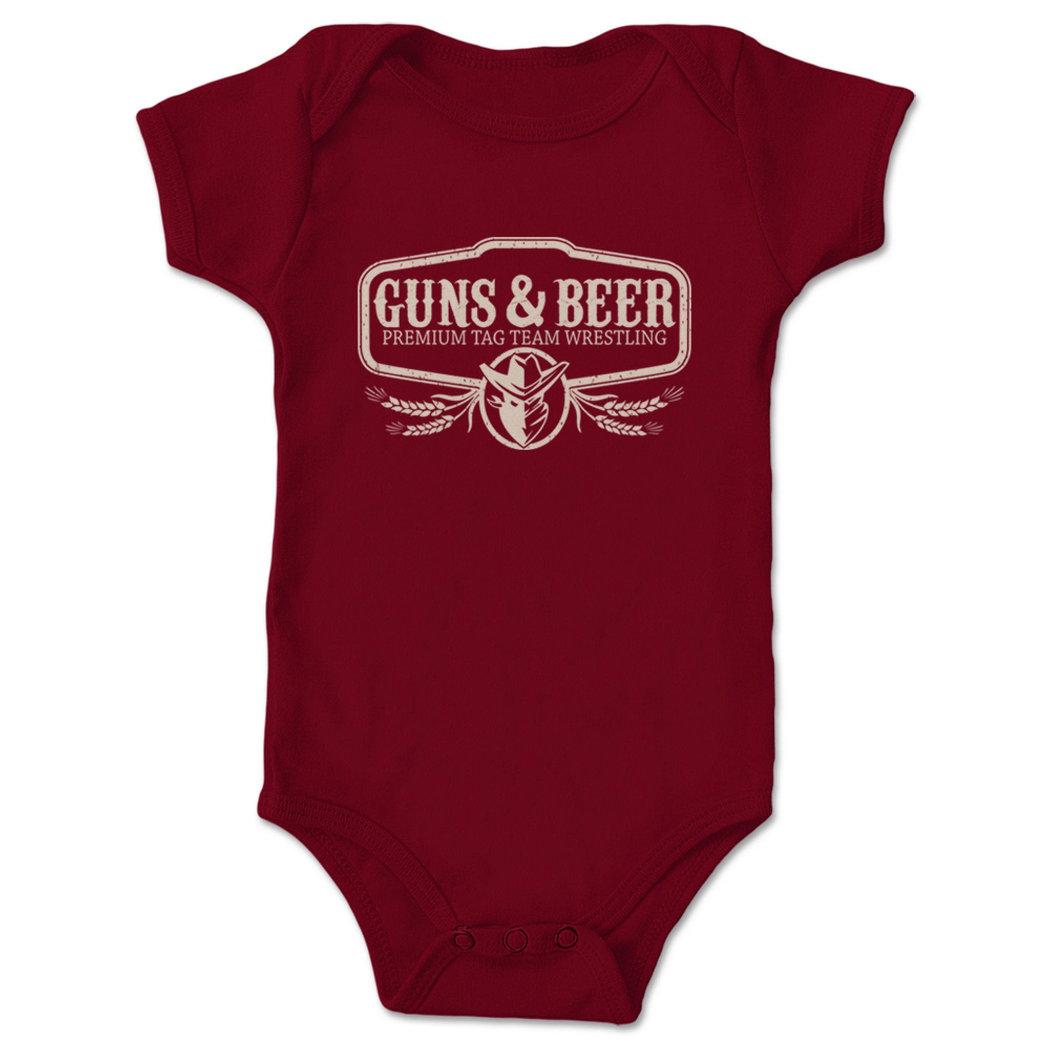 Guns & Beer Premium Tag Team Wrestling Infant Onesie Garnet