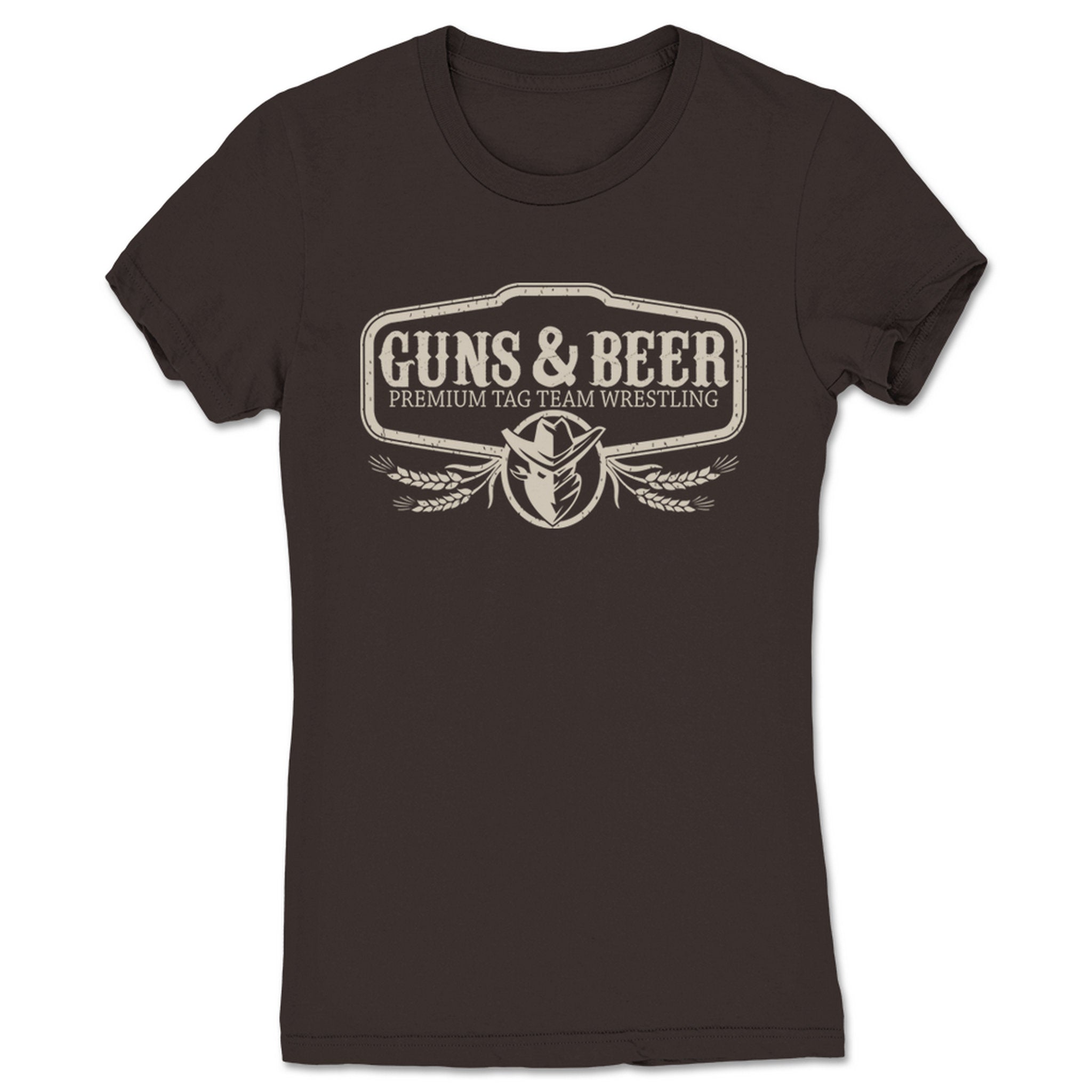 Guns & Beer Premium Tag Team Wrestling Women's Tee Brown