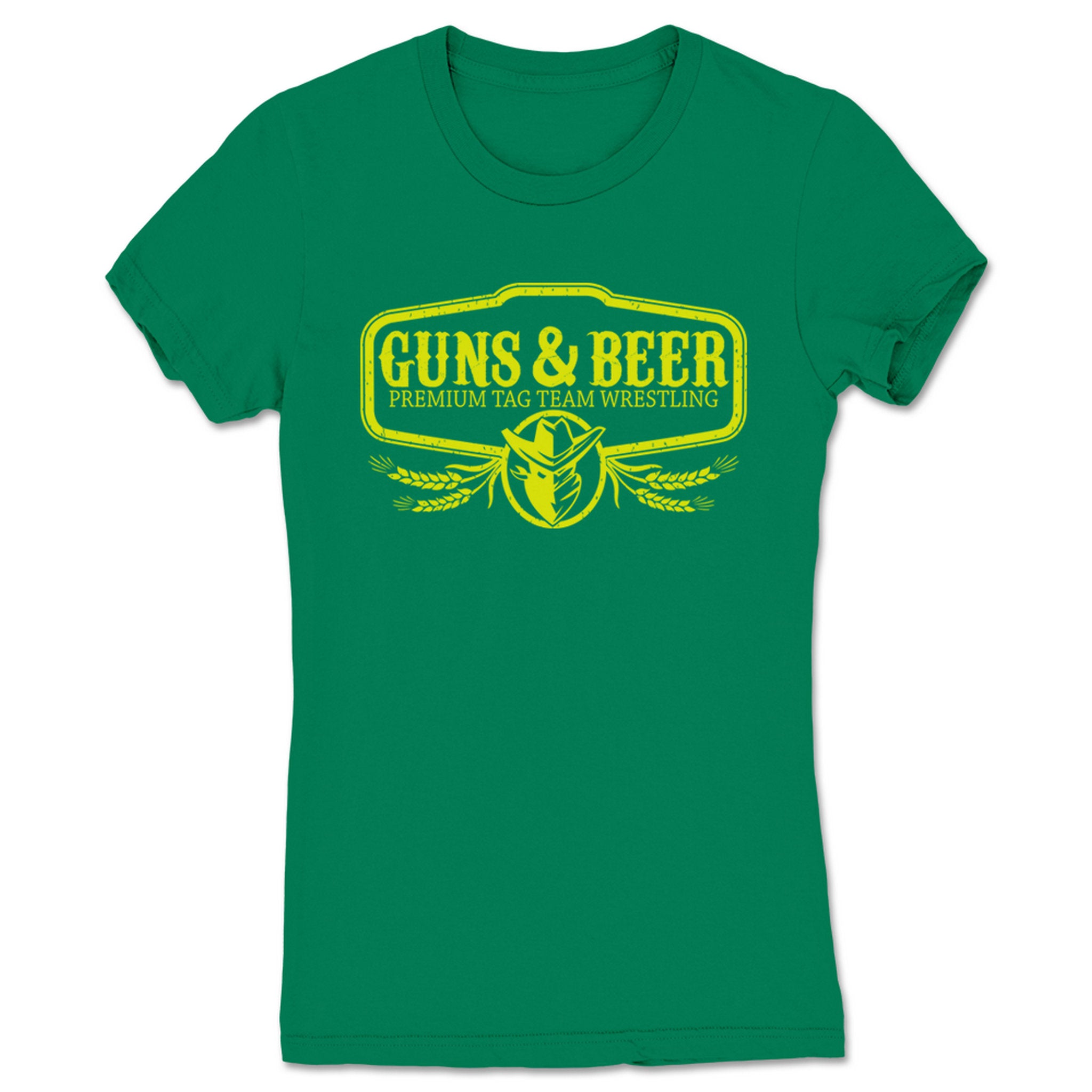 Guns & Beer Premium Tag Team Wrestling Women's Tee Kelly Green
